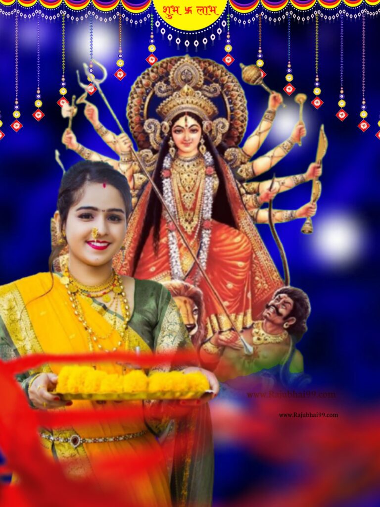 Happy Navratri Girl In Saree With Puja Thali Cb Background