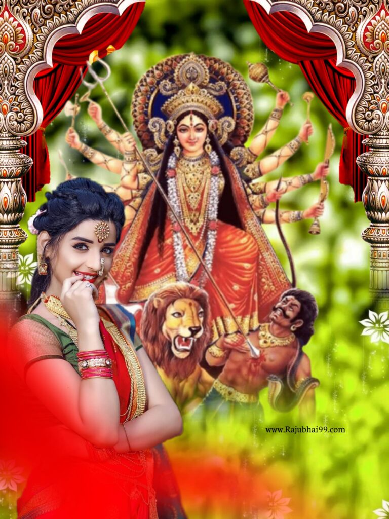 Navratri Girl In Saree With Puja Thali Background